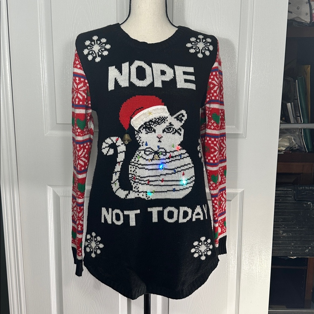 Cat Nope Not Today Lighted Ugly Christmas Sweater No Boundaries Size L 11/13
